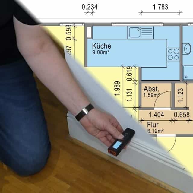 Ein Schaubild von Aufmaß der Wohnfläche mit dem Lasermessgerät und einem diagonal überlagerten Grundriss mit Maßkette und Längenkennzeichnung